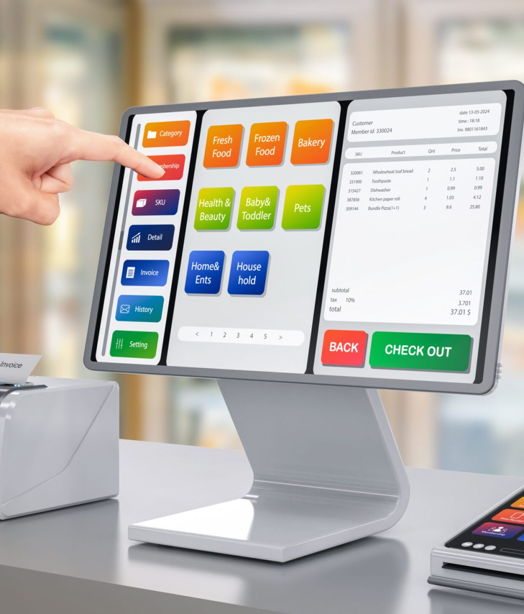 Touch screen point of sale system or cash register machine on desk with finger point 3d rendering touch screen point of sale system or cash register machine on desk with finger point